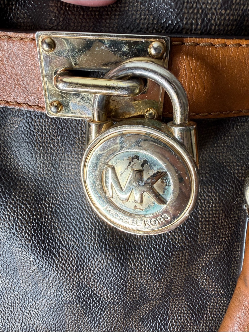 MICHAEL KORS Leather Brown Hamilton Satchel Bag Logo Monogram Lock Chain *FLAWS - Picture 9 of 16